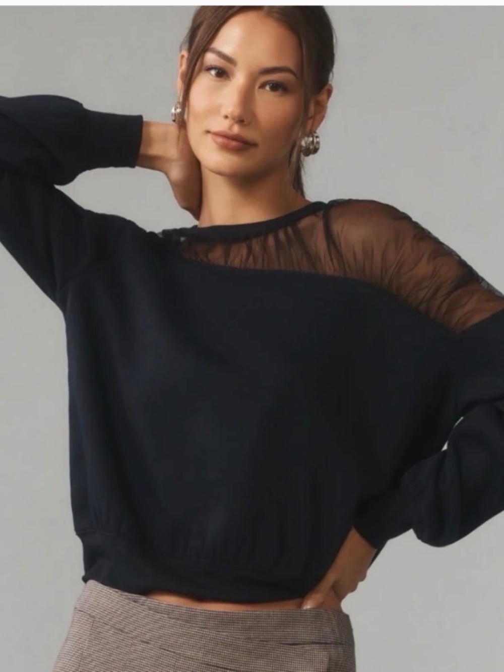 Maeve Anthropologie Black Sheer Asymmetrical Shoulder Sweatshirt XL Petite